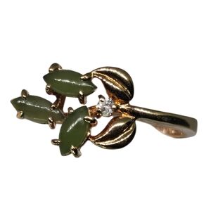 10K Yellow Gold Plated Green Jade Jadaite Leaf Ring Sz 8